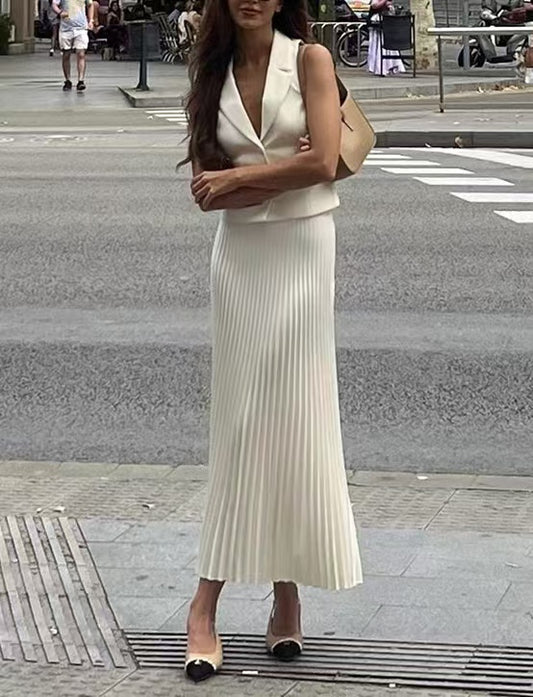 Fashion Lapel Vest Pleated Skirt Suit