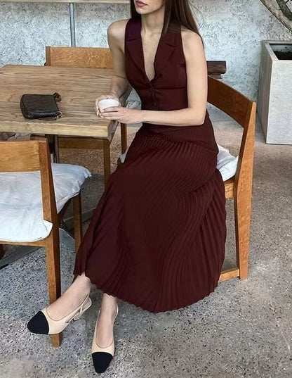 Fashion Lapel Vest Pleated Skirt Suit