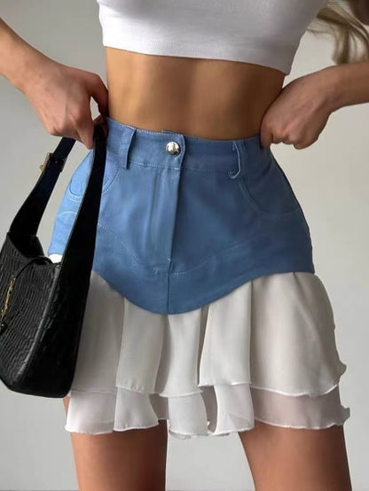 Fashion Ruffle Stitching Denim Skirt