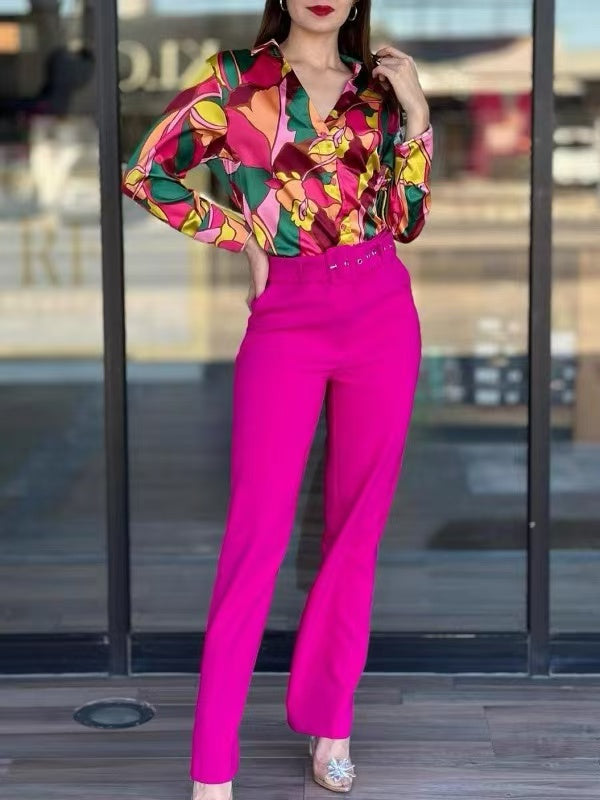 Classic Solid Color Belted Suit Pants