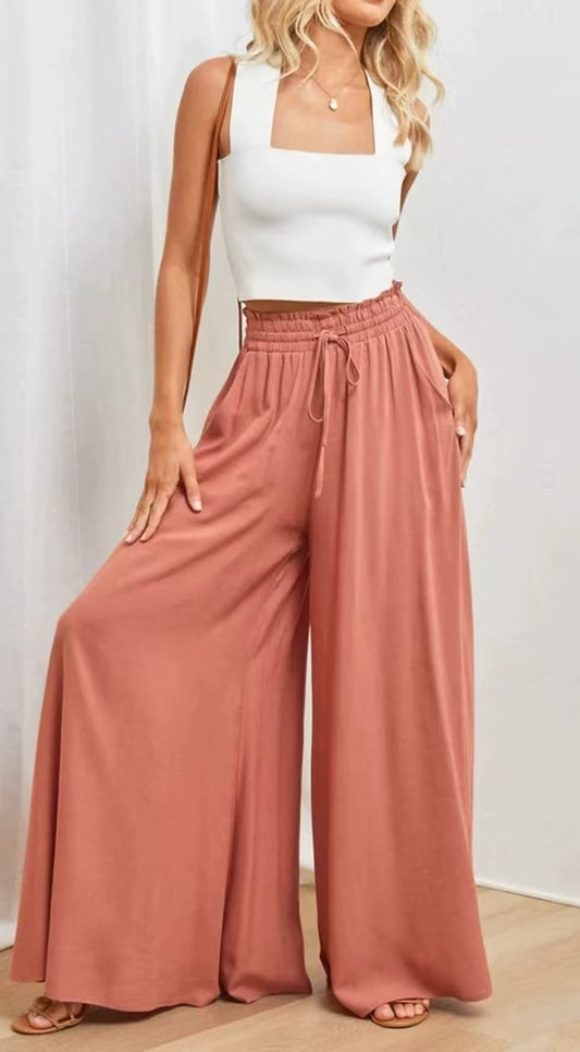 Simple Elastic Waistband Wide-Leg Pants