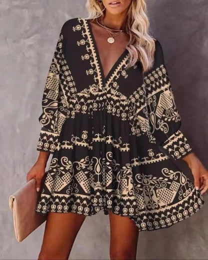 Pastoral Holiday Style Printed V-Neck Short Dress