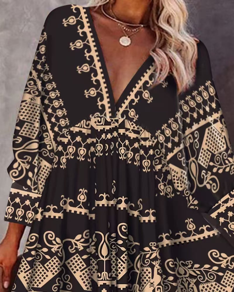 Pastoral Holiday Style Printed V-Neck Short Dress