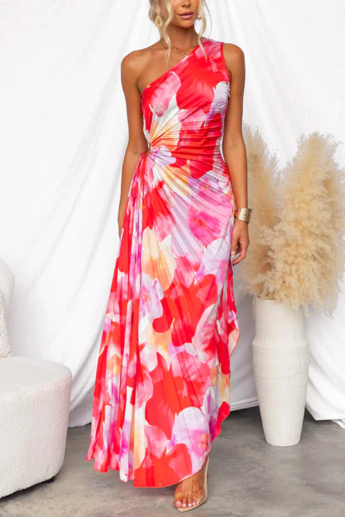 One Shoulder Asymmetric Printed Long Pleated Dress