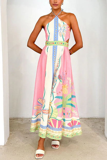 Halter Lace-up Backless Print Maxi Dress