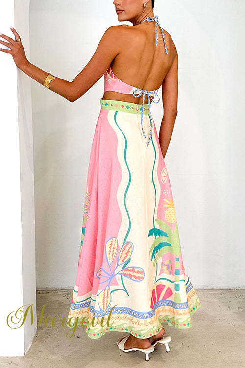 Halter Lace-up Backless Print Maxi Dress