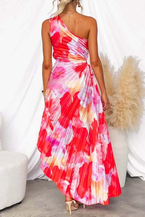 One Shoulder Asymmetric Printed Long Pleated Dress