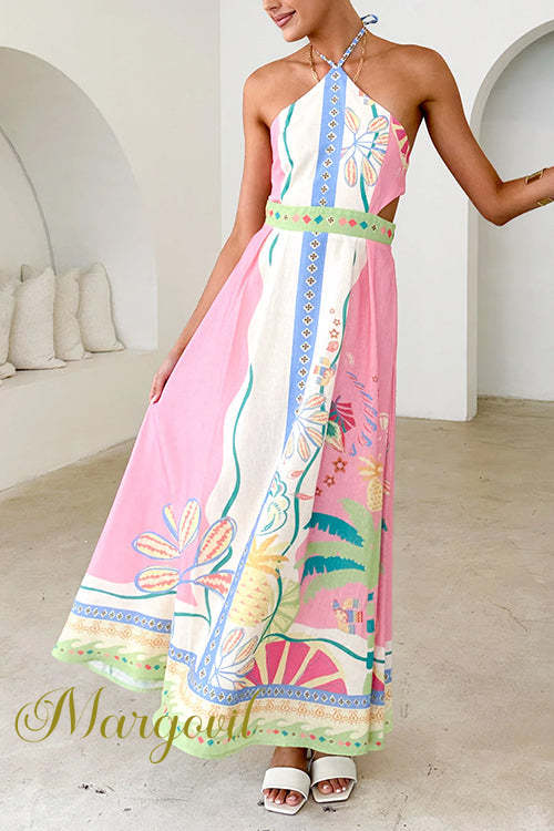 Halter Lace-up Backless Print Maxi Dress