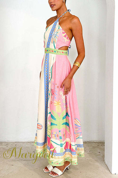 Halter Lace-up Backless Print Maxi Dress