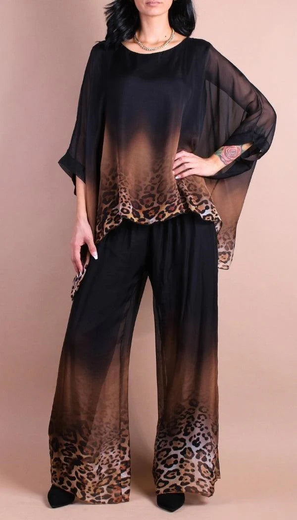 Gradient Leopard Print Top and Wide Leg Pants Set