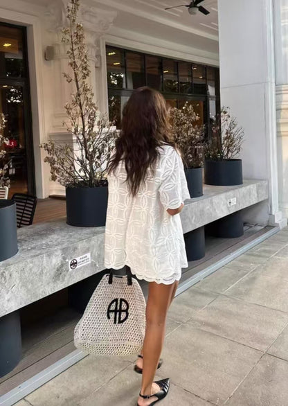 Lazy Style Hollow Embroidery Short Sleeve Skirt Set