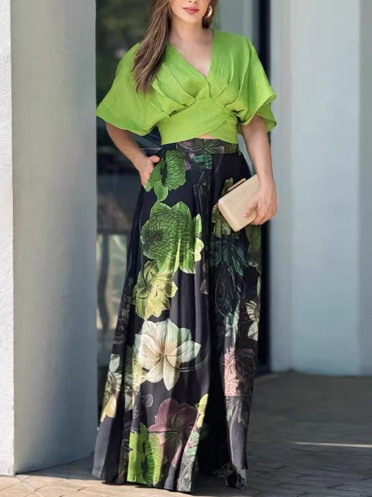 Fashion Short Bat Sleeve Top And Printed Wide-Leg Pants Set