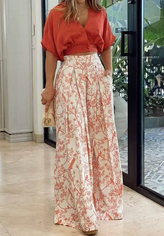 Fashion Short Bat Sleeve Top And Printed Wide-Leg Pants Set