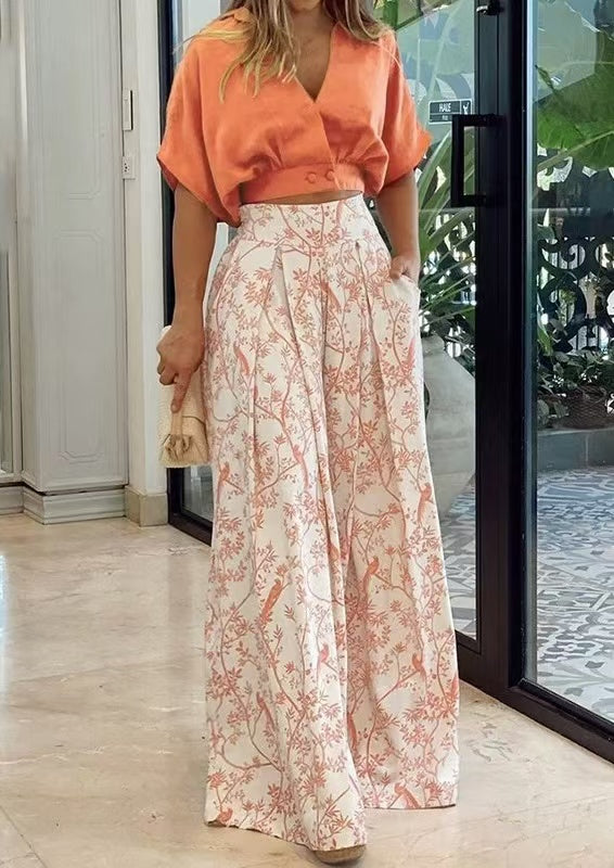 Fashion Short Bat Sleeve Top And Printed Wide-Leg Pants Set