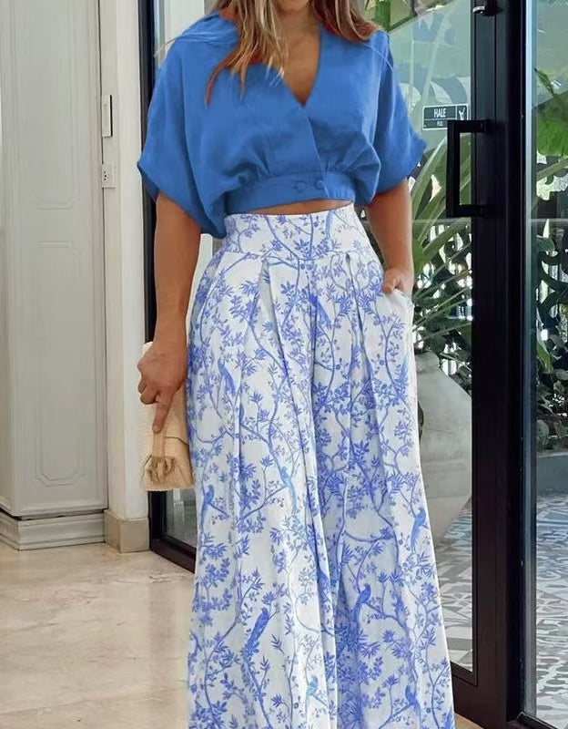 Fashion Short Bat Sleeve Top And Printed Wide-Leg Pants Set