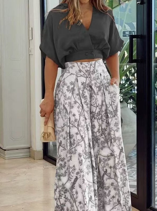 Fashion Short Bat Sleeve Top And Printed Wide-Leg Pants Set