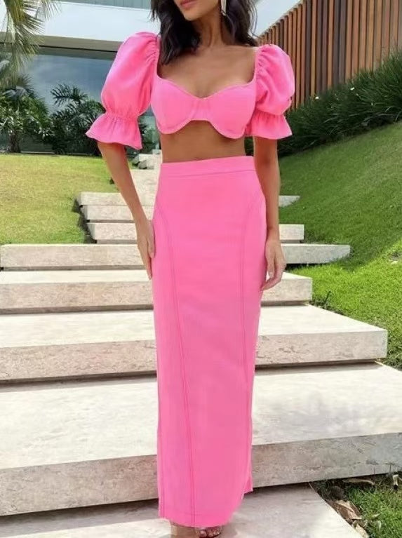 Sweet Lantern Sleeve Short Top Slit Skirt Set