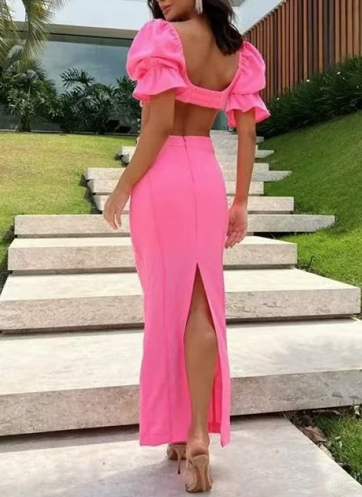 Sweet Lantern Sleeve Short Top Slit Skirt Set