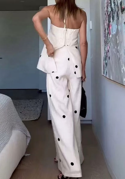 Polka Dot Bandeau Top and Wide Leg Pants Set