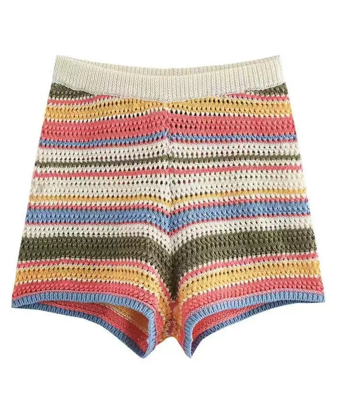 Casual Colorful Striped Crochet Top&Shorts Set