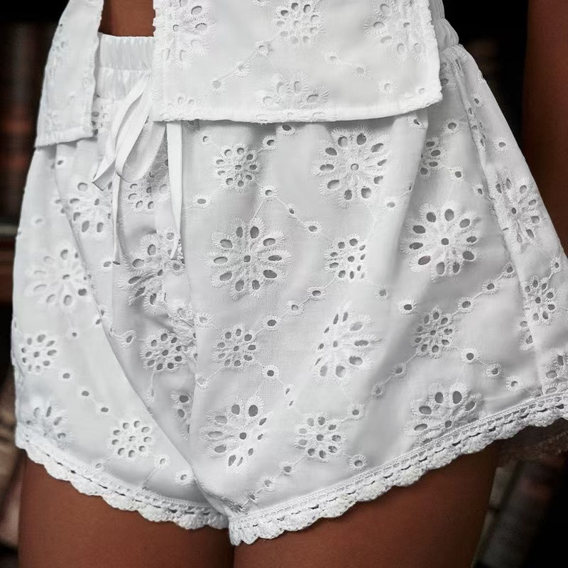 Casual Style Hollow Embroidery Vest Shorts/Skirt Set