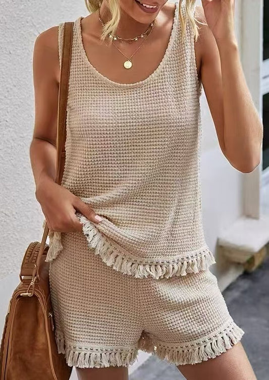 Minimalist Style Small Tassel Vest Shorts Set