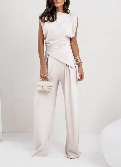 Fashionable Irregular Sleeveless Top And Wide-Leg Pants Set