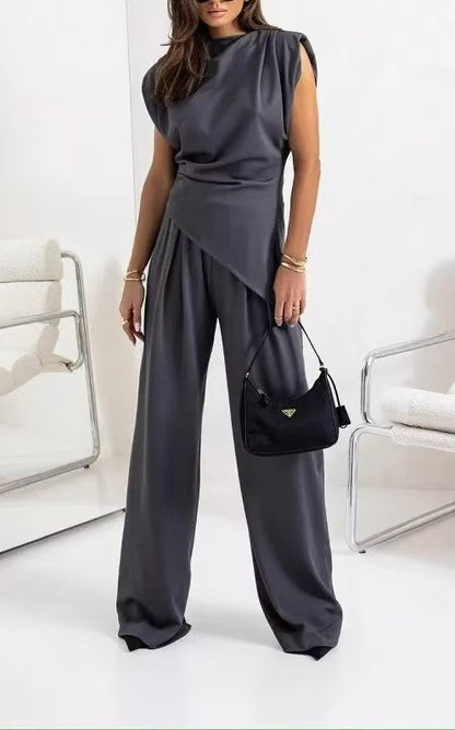 Fashionable Irregular Sleeveless Top And Wide-Leg Pants Set