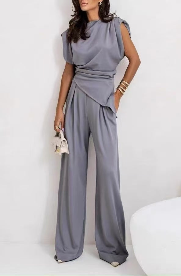 Fashionable Irregular Sleeveless Top And Wide-Leg Pants Set