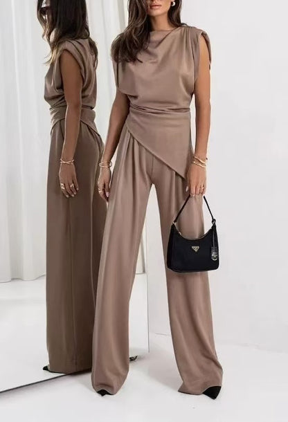 Fashionable Irregular Sleeveless Top And Wide-Leg Pants Set