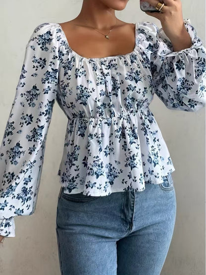 French Retro Puff Sleeve Floral Waist Long Sleeves