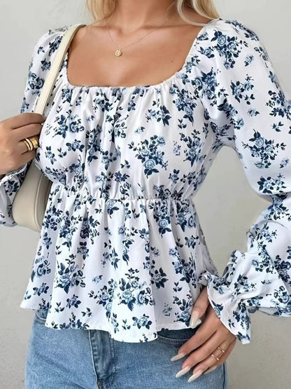 French Retro Puff Sleeve Floral Waist Long Sleeves