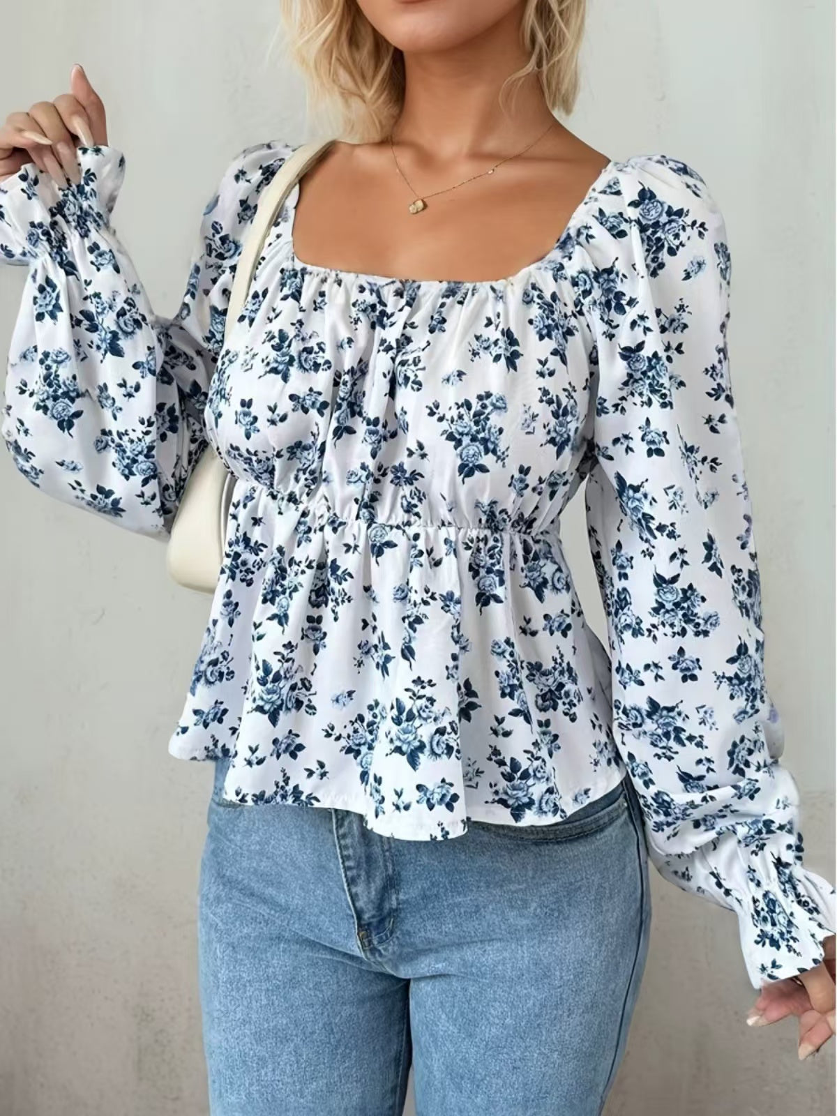 French Retro Puff Sleeve Floral Waist Long Sleeves