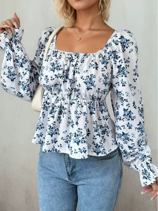 French Retro Puff Sleeve Floral Waist Long Sleeves