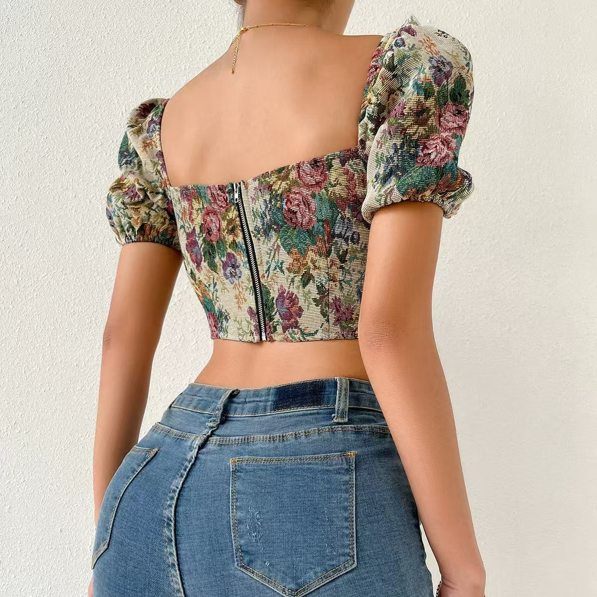 Retro Palace Style Backless Puff Sleeve Tops