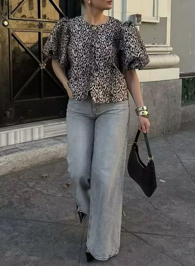 Retro Modern Puff Sleeve Leopard Print Tops