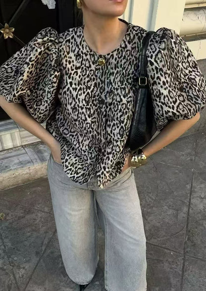 Retro Modern Puff Sleeve Leopard Print Tops