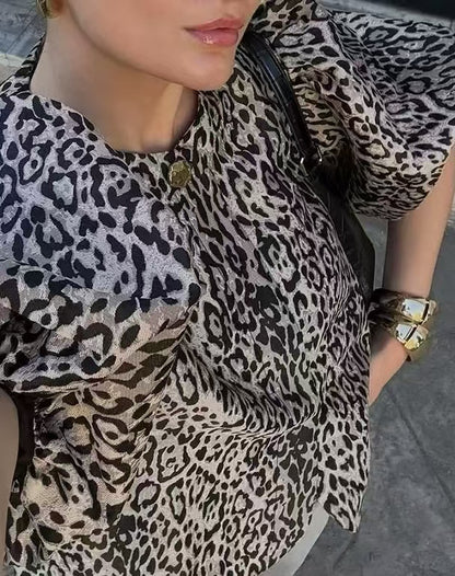 Retro Modern Puff Sleeve Leopard Print Tops