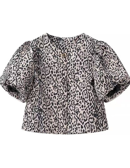 Retro Modern Puff Sleeve Leopard Print Tops