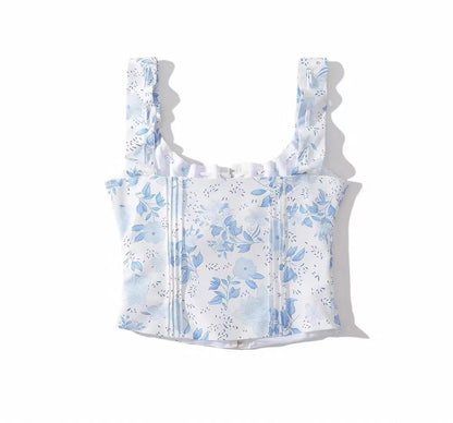 Retro Pastoral Style Floral Square Neck Slim Vest