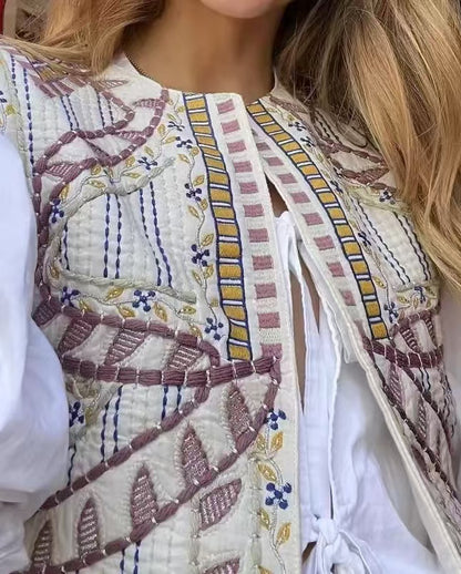 Ethnic Embroidery Round Neck Short Vest