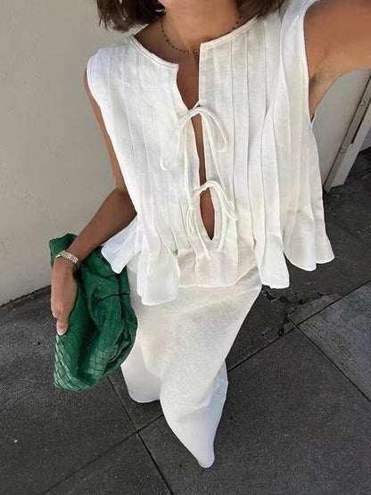 Simple Hollow Tie Ruched Ruffle Vest