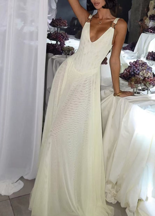 Elegant Greek Style V-Neck Mesh Floor-Length Dress