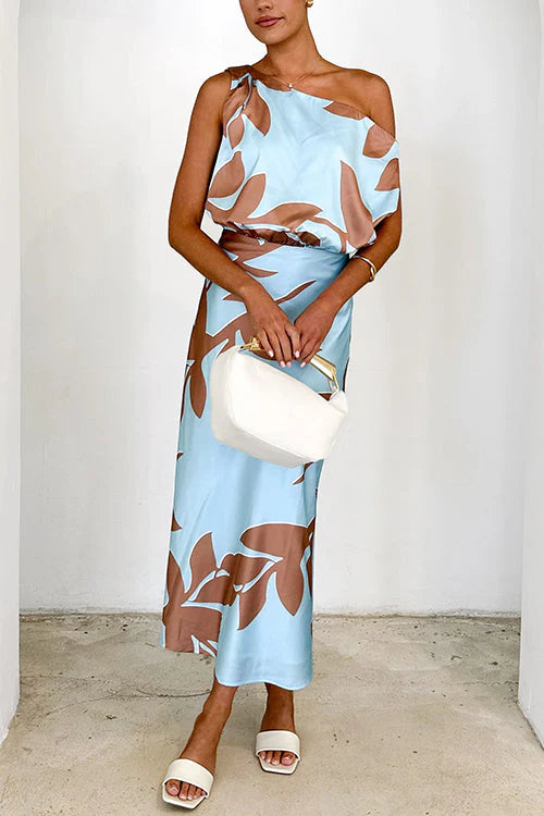 Classic Off-Shoulder Waist Printed Maxi Dress