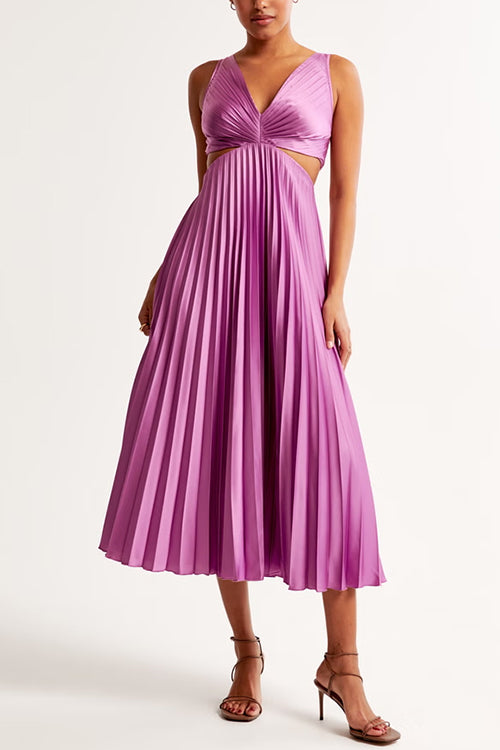 V-Neck Waist Cutout Striped Pleated Maxi Dress