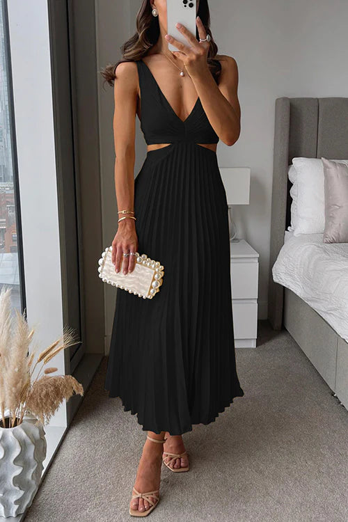 V-Neck Waist Cutout Striped Pleated Maxi Dress