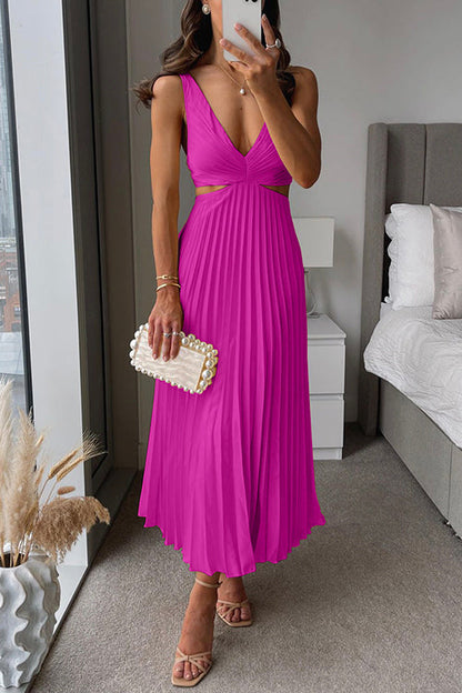 V-Neck Waist Cutout Striped Pleated Maxi Dress