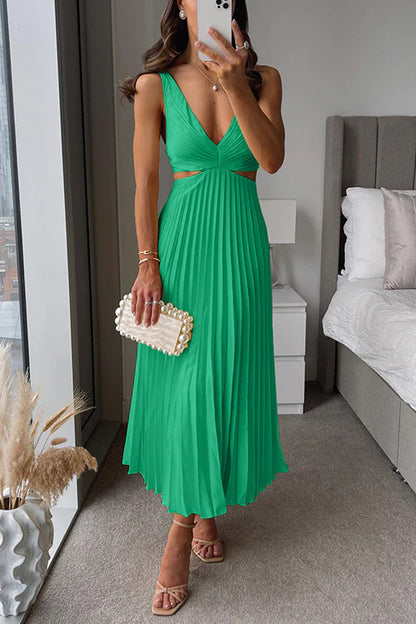 V-Neck Waist Cutout Striped Pleated Maxi Dress