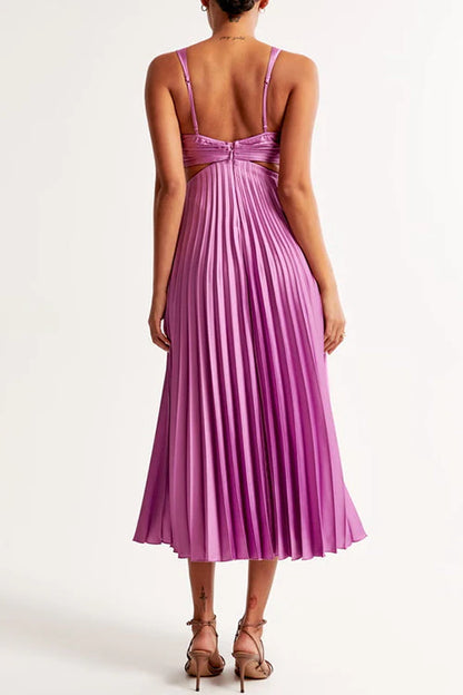 V-Neck Waist Cutout Striped Pleated Maxi Dress