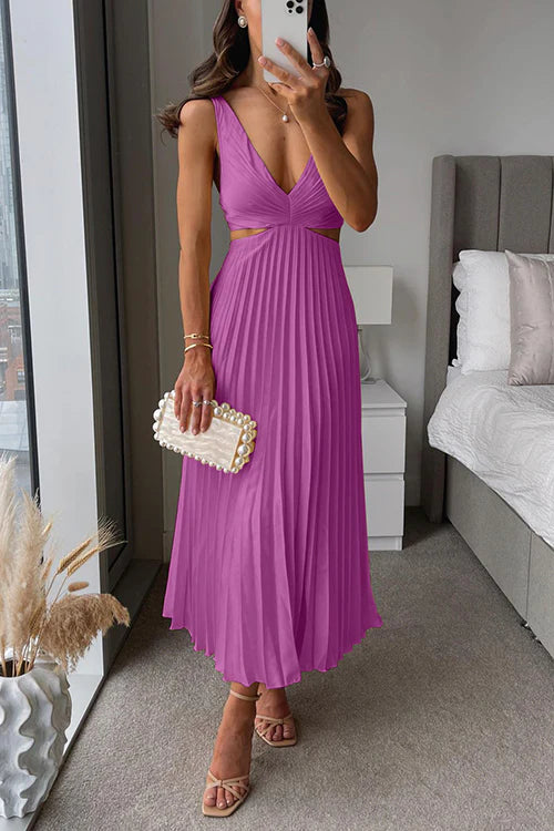 V-Neck Waist Cutout Striped Pleated Maxi Dress